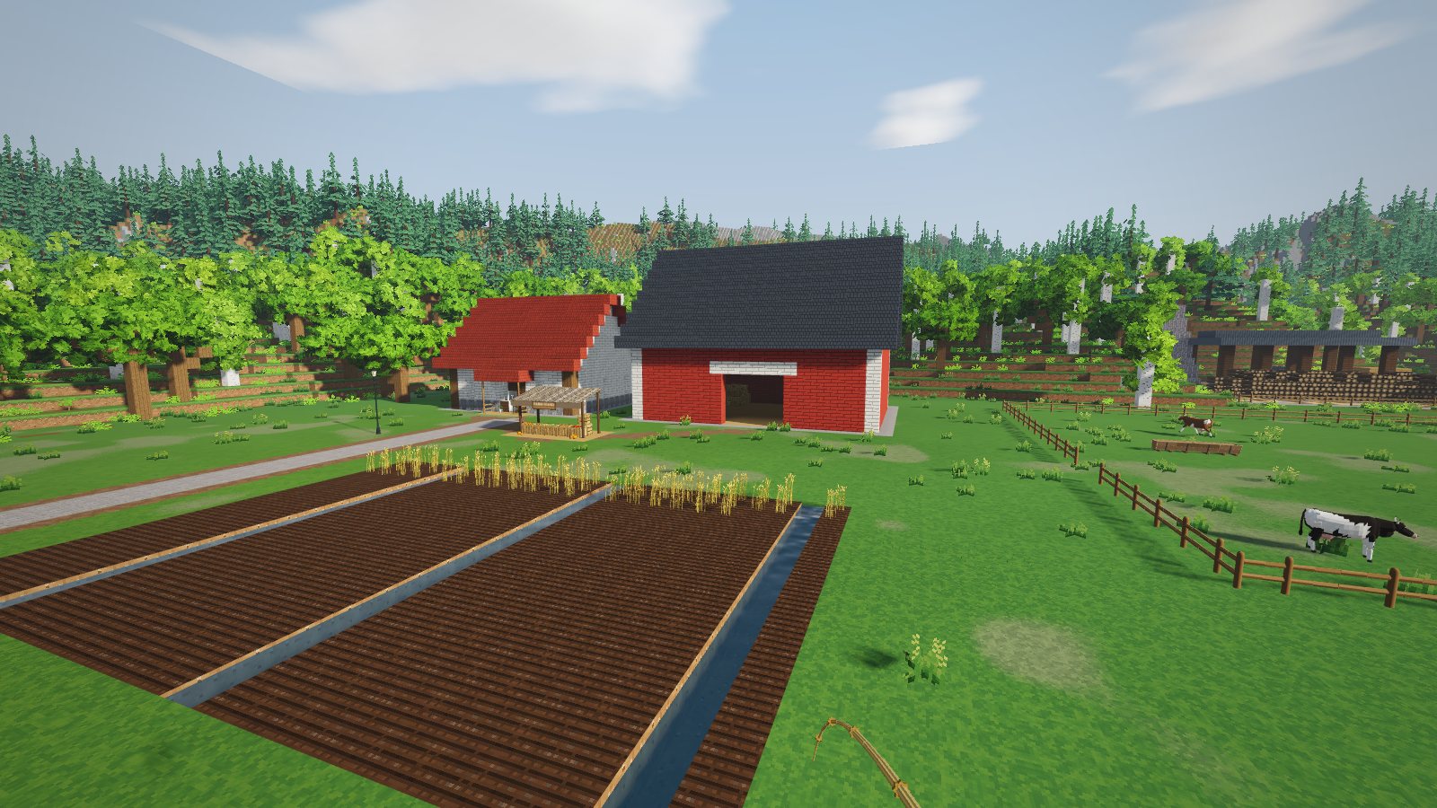 The farmhouse and red barn behind freshly tilled rows, wheat coming up and a cow at the fence