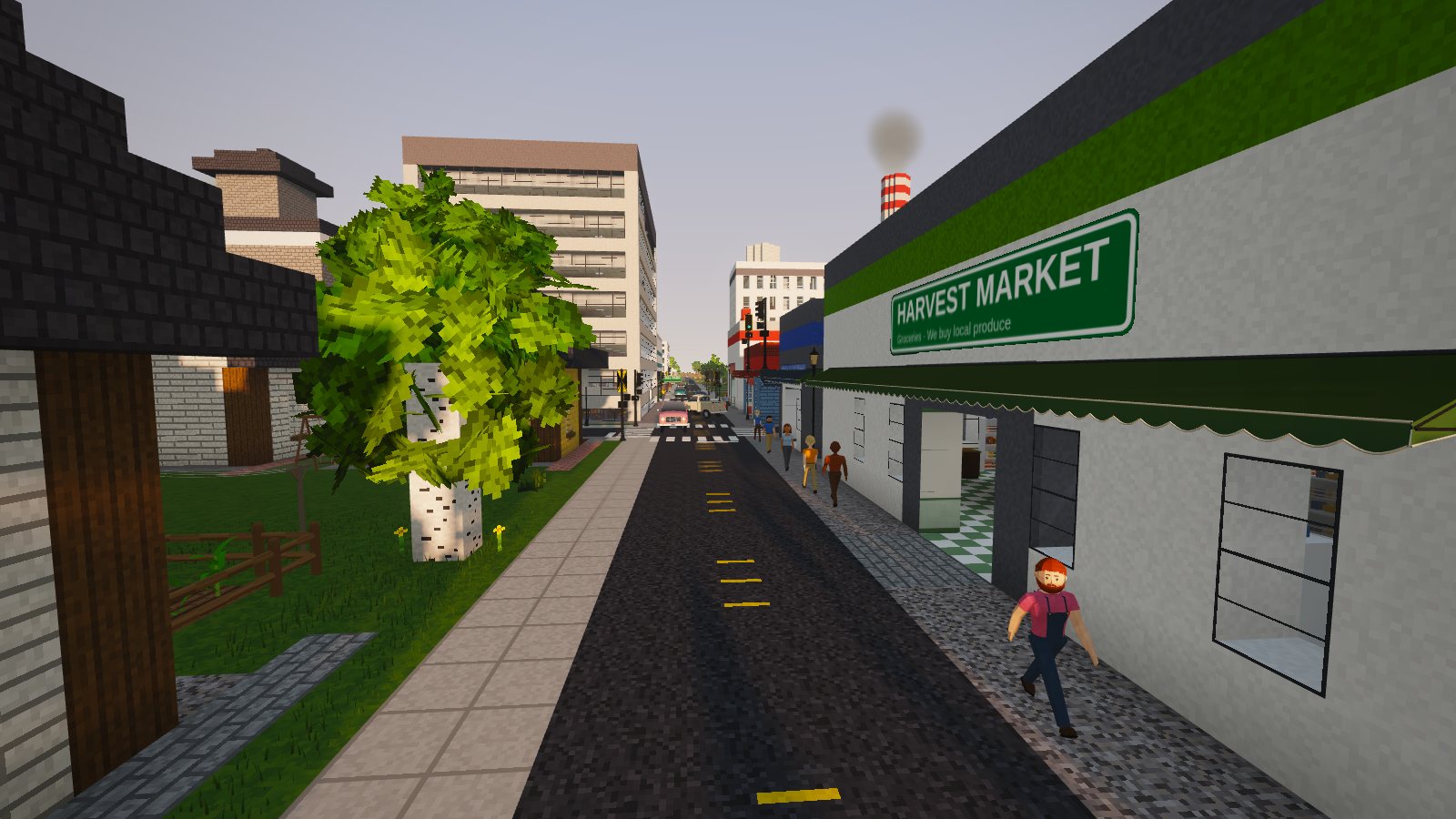 Main Street in Millbrook, townsfolk walking past the Harvest Market with the coal plant's stack beyond
