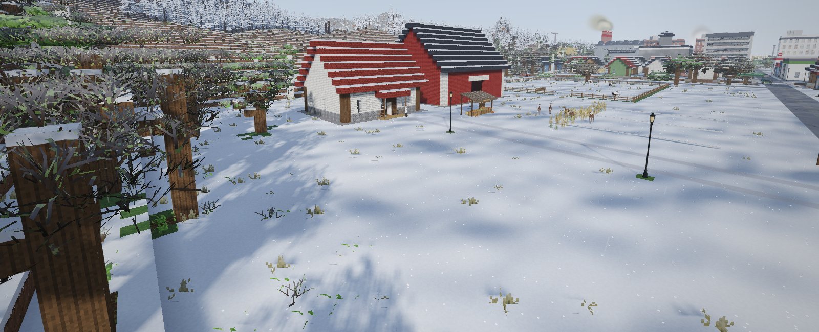 The farm under deep snow, deer browsing the field near the barn