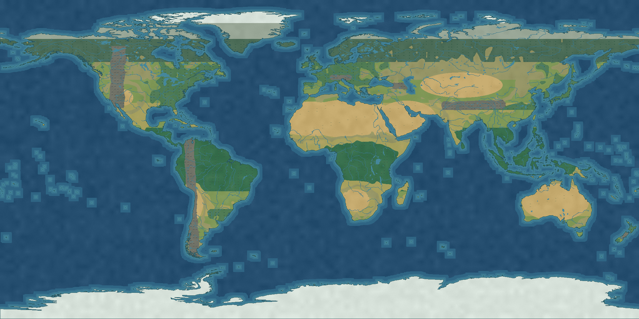 The real-world Earth terrain used by OIL AND GOLD, with coastlines, continents, and lakes